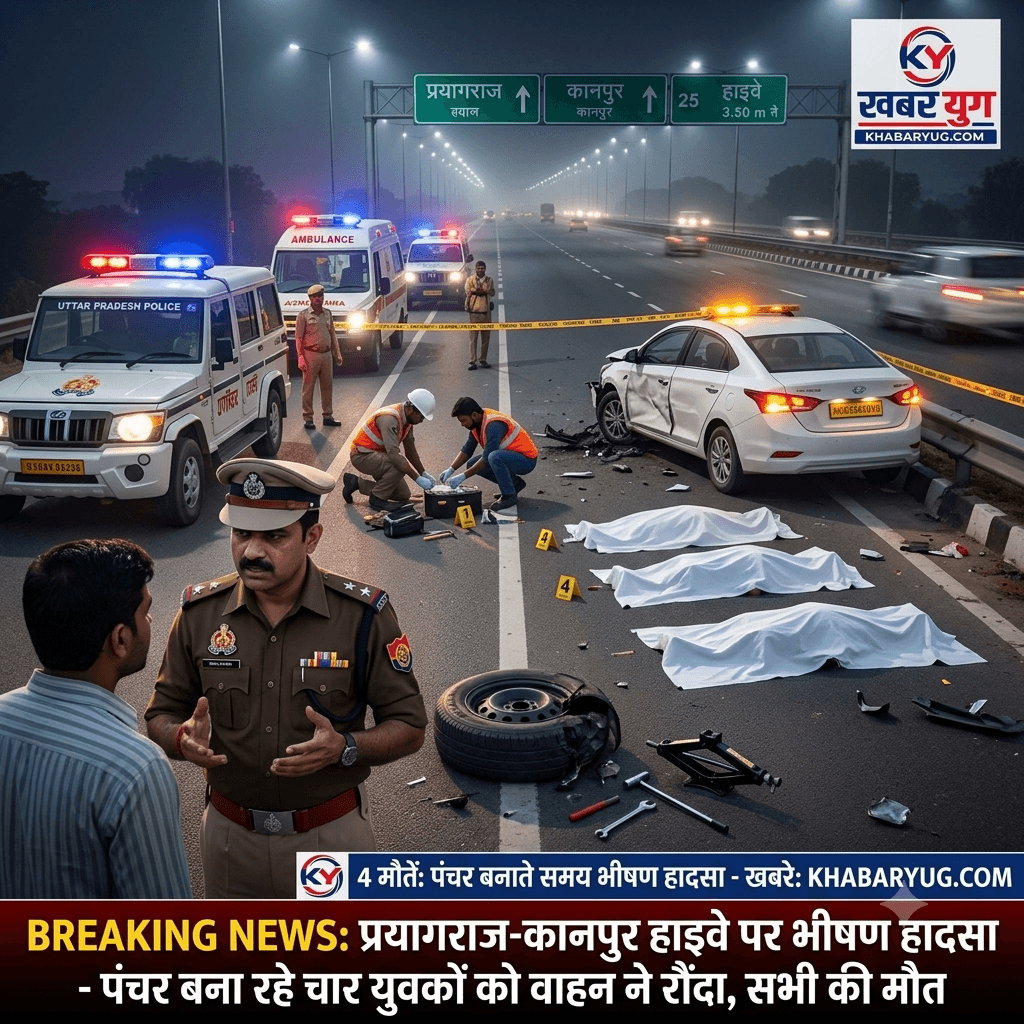 प्रयागराज-कानपुर हाईवे पर भीषण हादसा: पंचर बना रहे चार युवकों को वाहन ने रौंदा, सभी की मौत